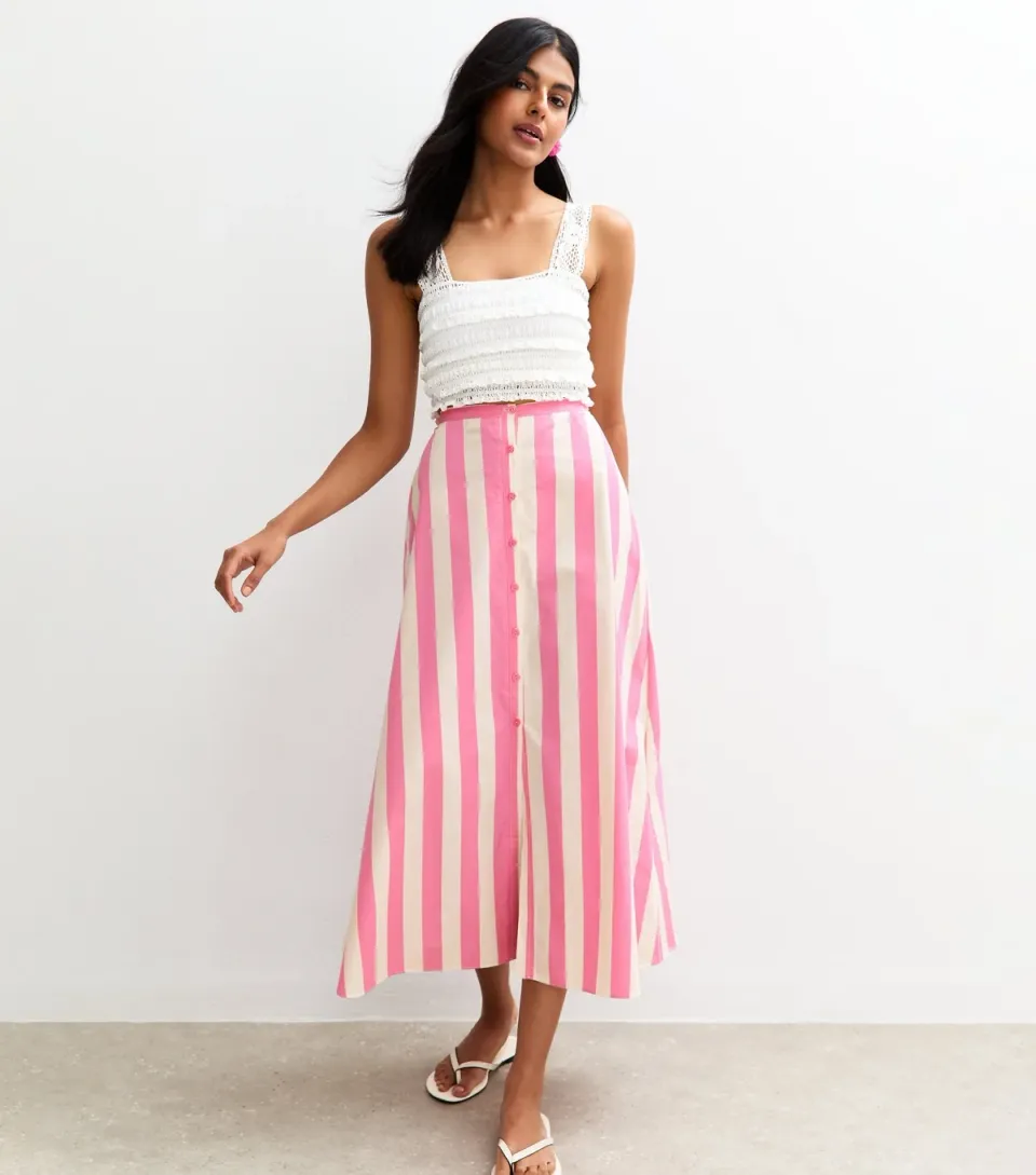 Women's Green Stripe Print Poplin Button Front Midi Skirt