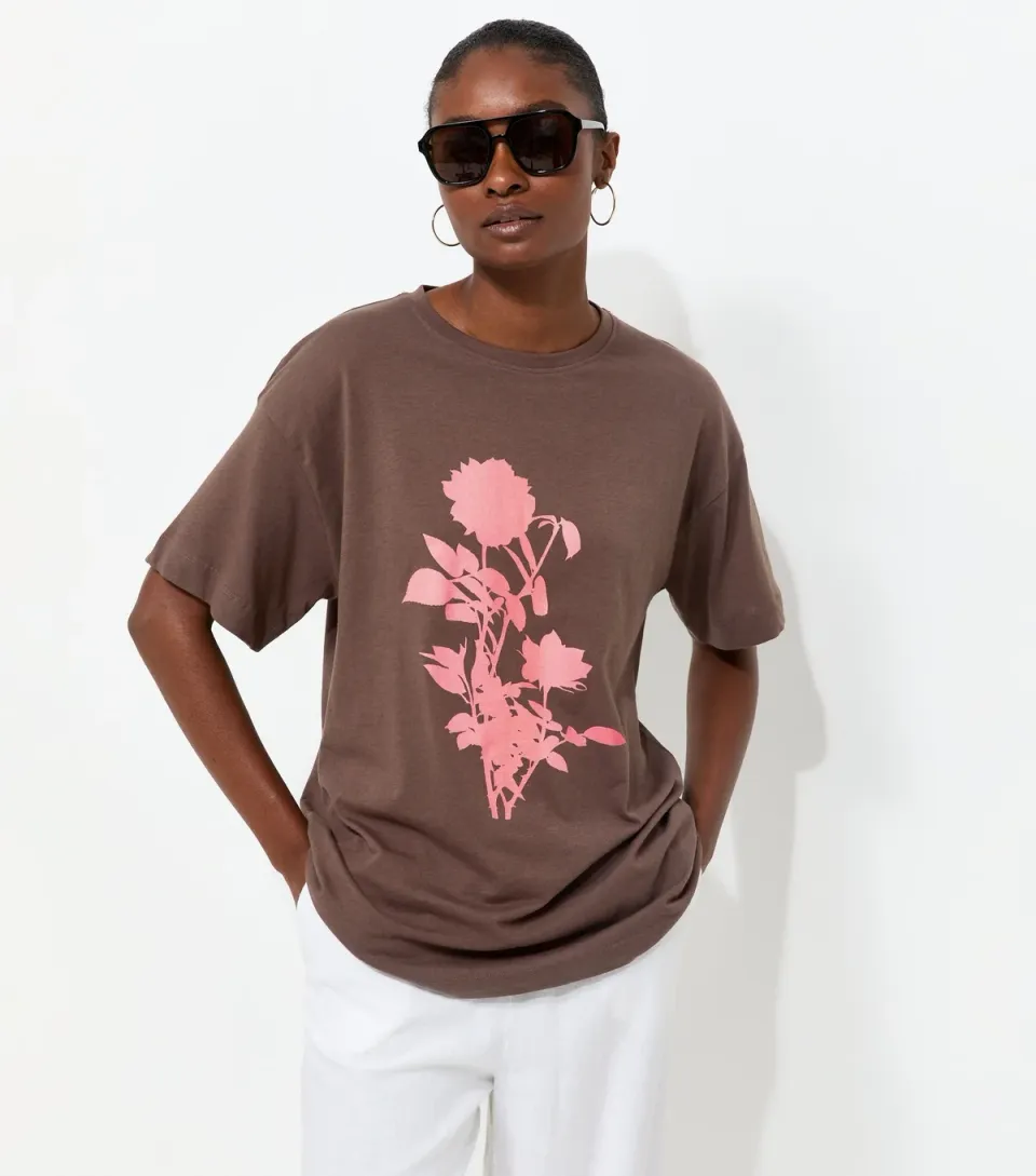 Women's Dark Brown Cotton Floral Oversized T-Shirt