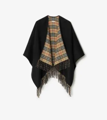 Check Wool Reversible Cape in Black