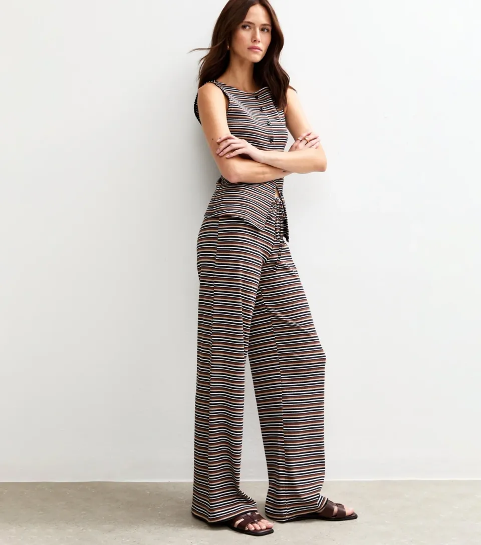 Women's Black Ribbed Striped Wide Leg Trousers