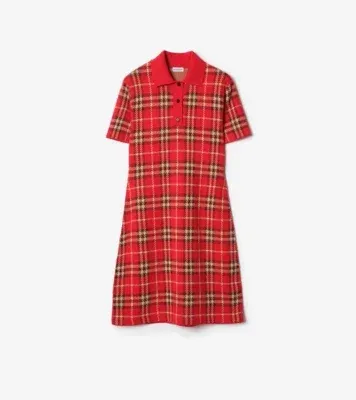 Check Wool Cotton Polo Shirt Dress in Crayon red