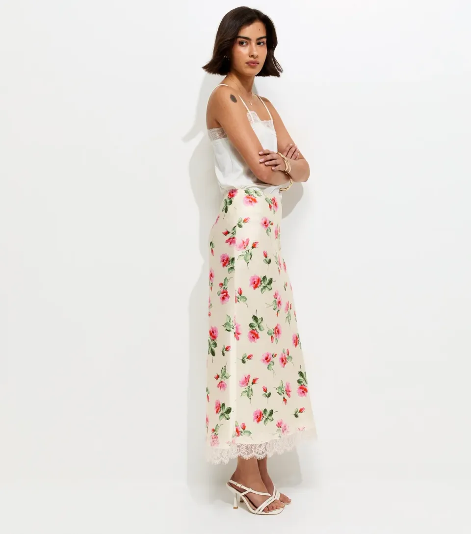 Women's White Rose Print Lace Trim Midi Skirt
