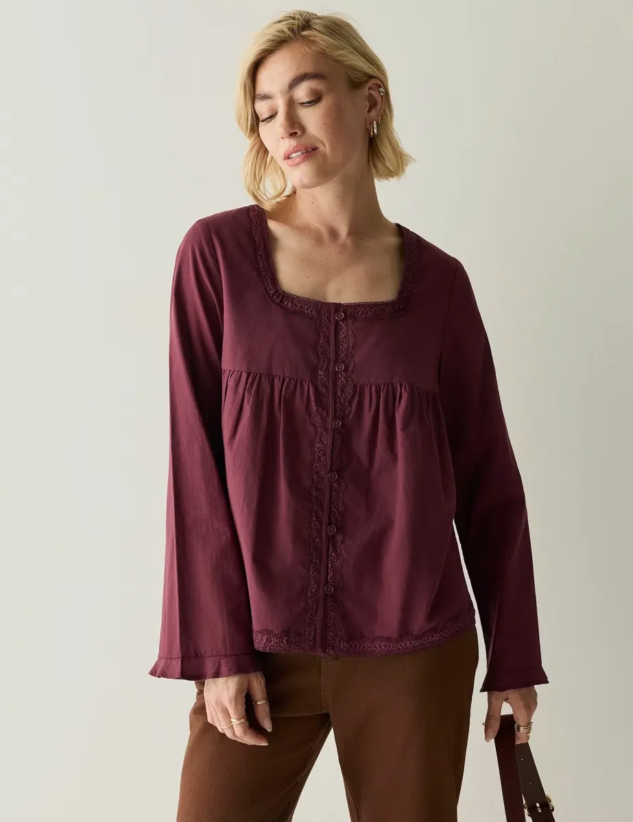 Pure Cotton Square Neck Button Detail Top Burgundy