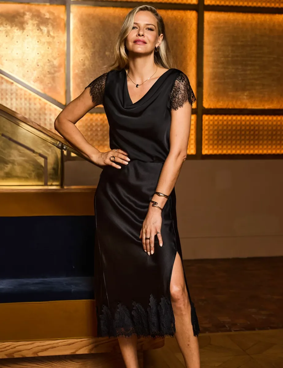Satin and Lace Cowl Neck Top Black