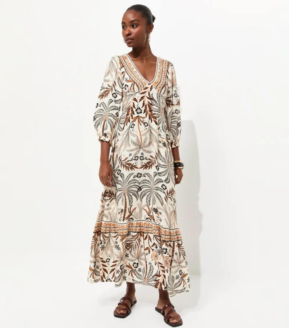 Women's Cream Lotus and Palm Tree Print Midi Dress