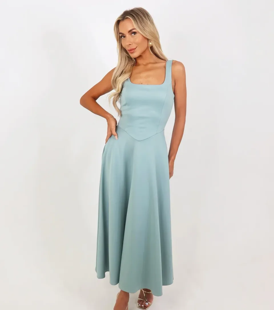 Women's Mint Green Square Neck Midi Dress