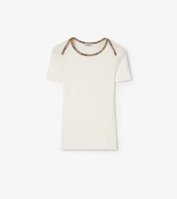 Check Trim Stretch Cotton T-shirt in Chalk white