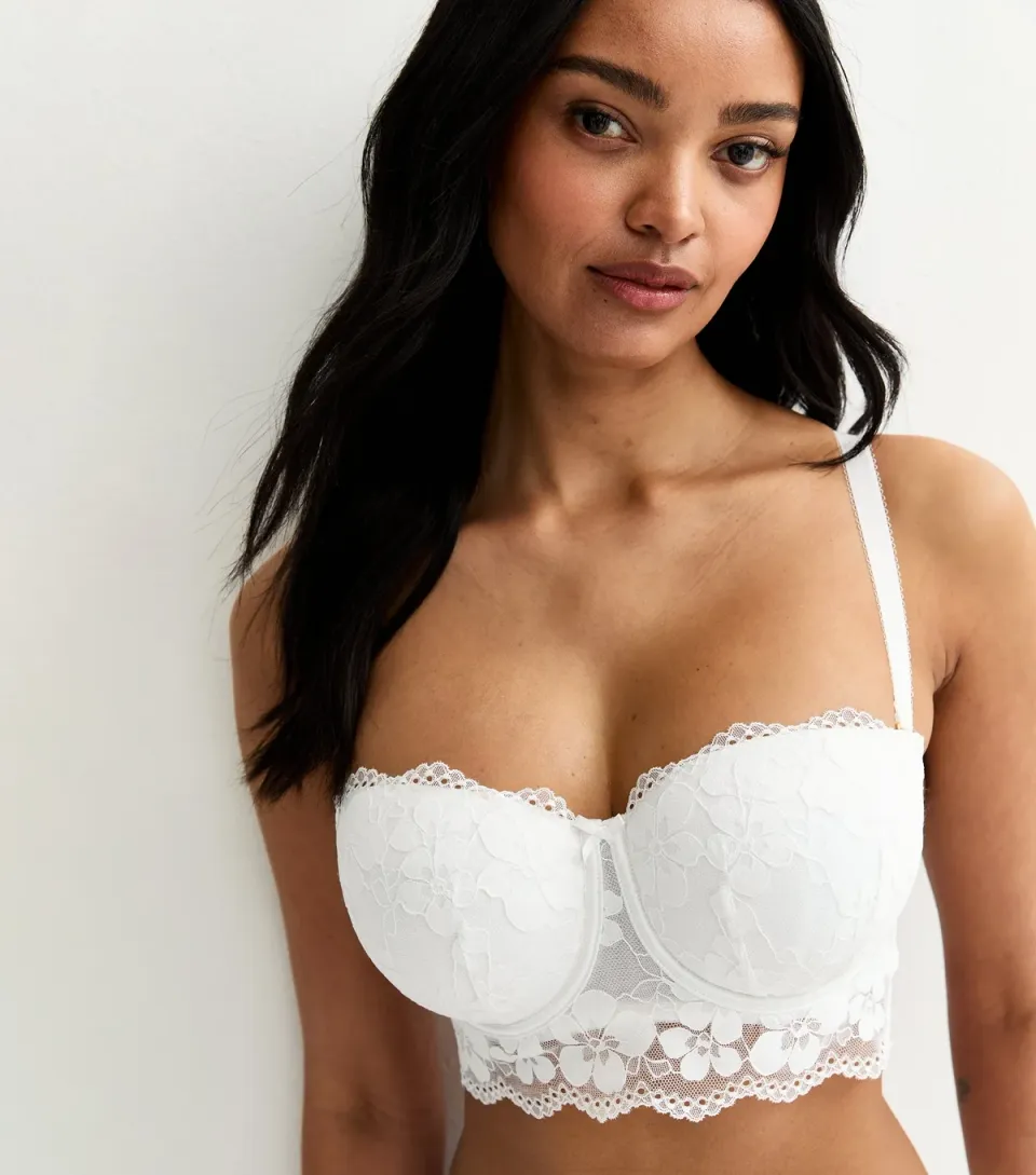 Women's White DD+ Lace Longline Multiway Bra