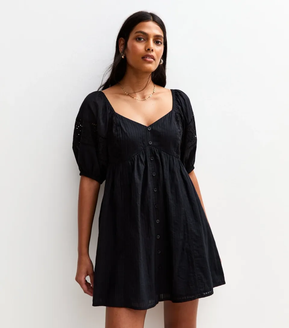 Women's White Striped Embroidered Sleeve Mini Dress