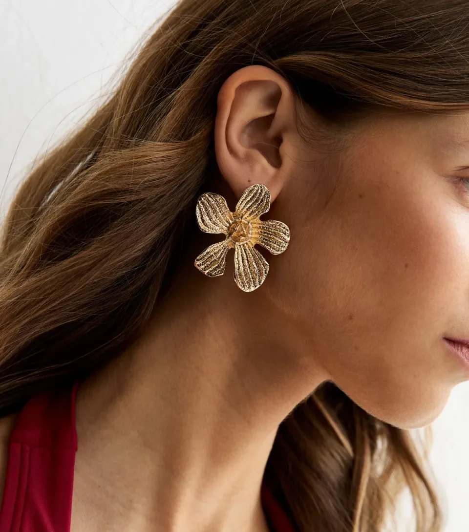 Gold Tone Large Textured Flower Stud Earrings