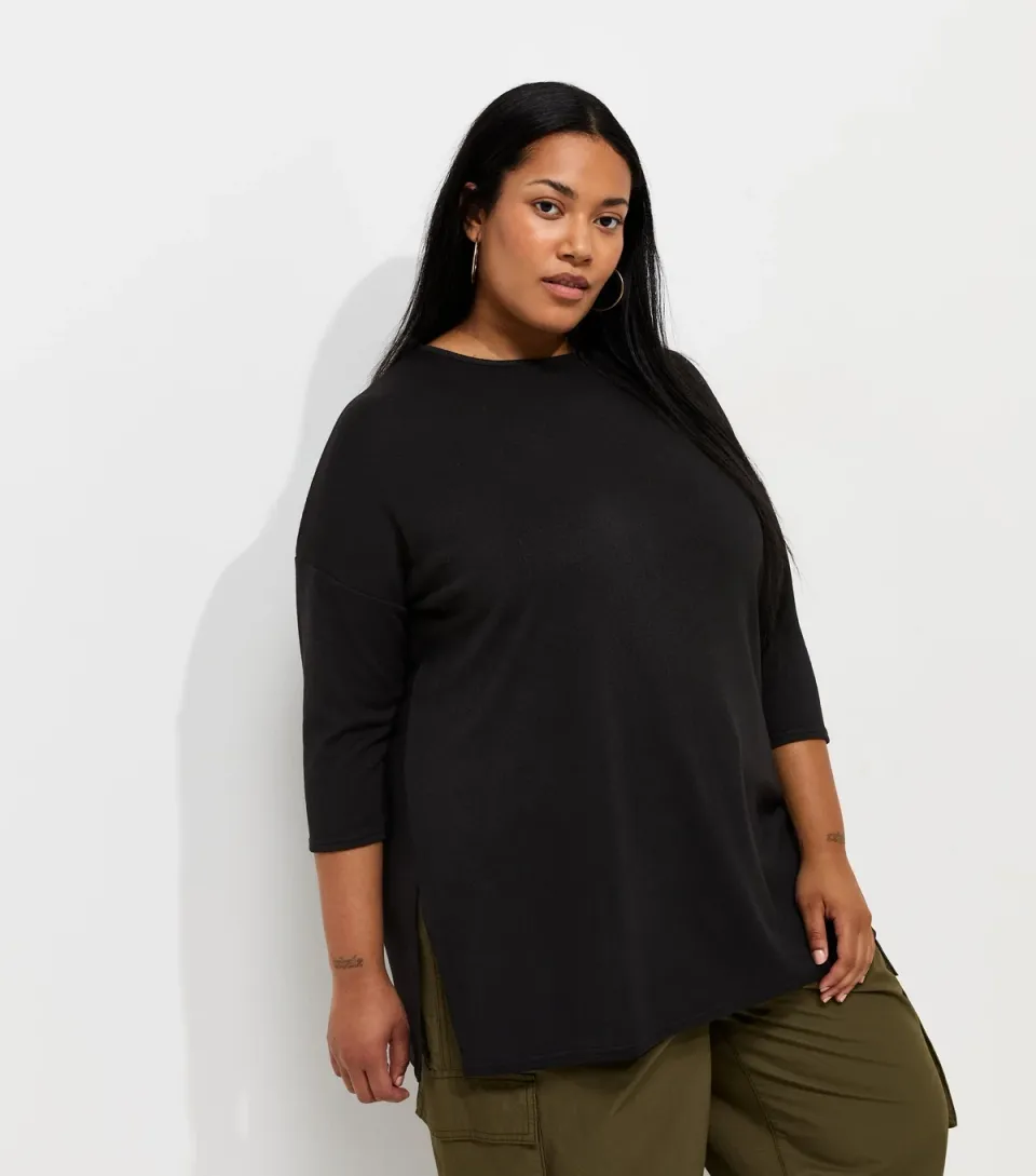 Women's Plus Size Black Soft Touch Cropped Sleeve Long Top Curves