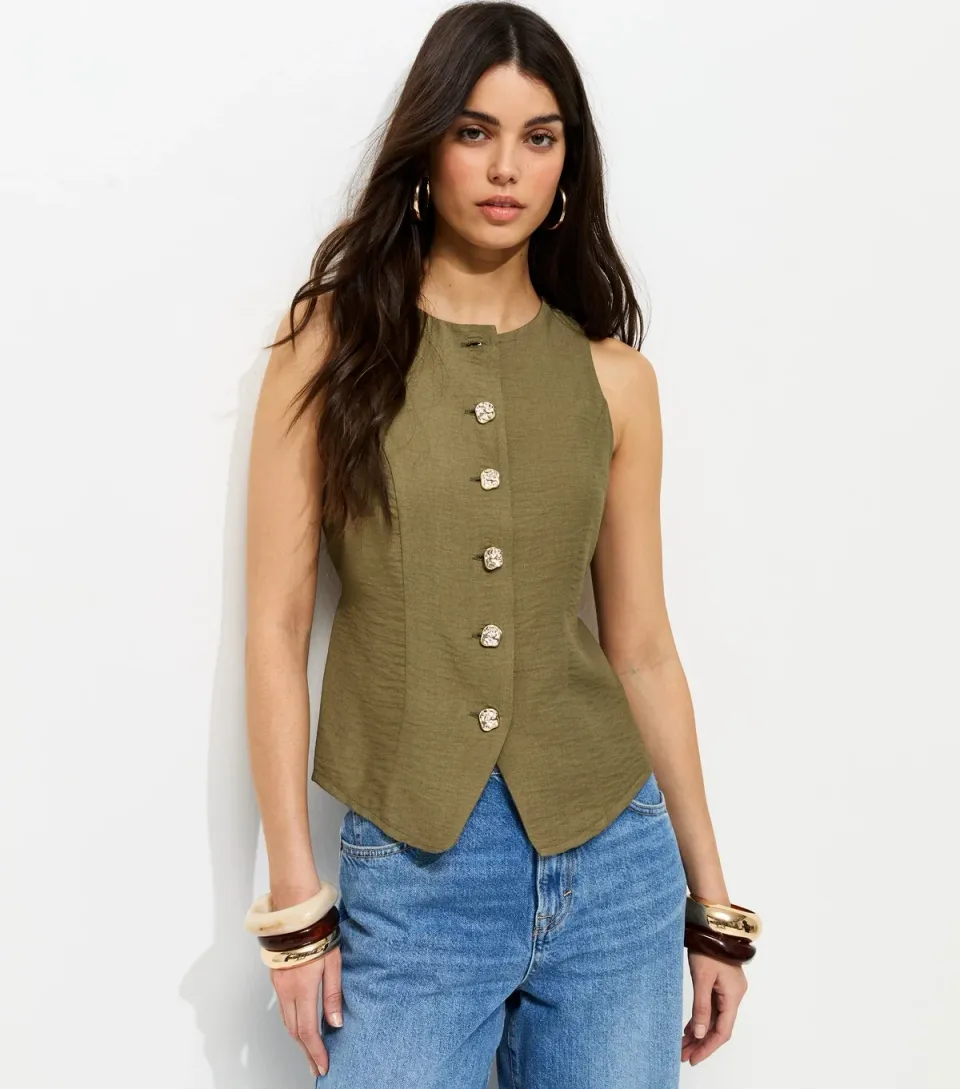 Women's Khaki Gold Tone Textured Buttons Waistcoat