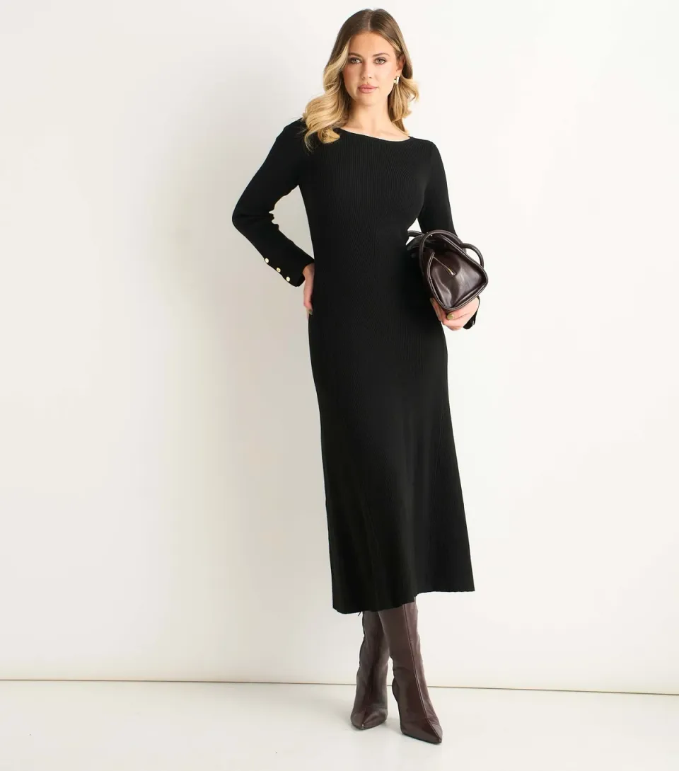Women's Black Knitted Fit And Flare Midi Dress