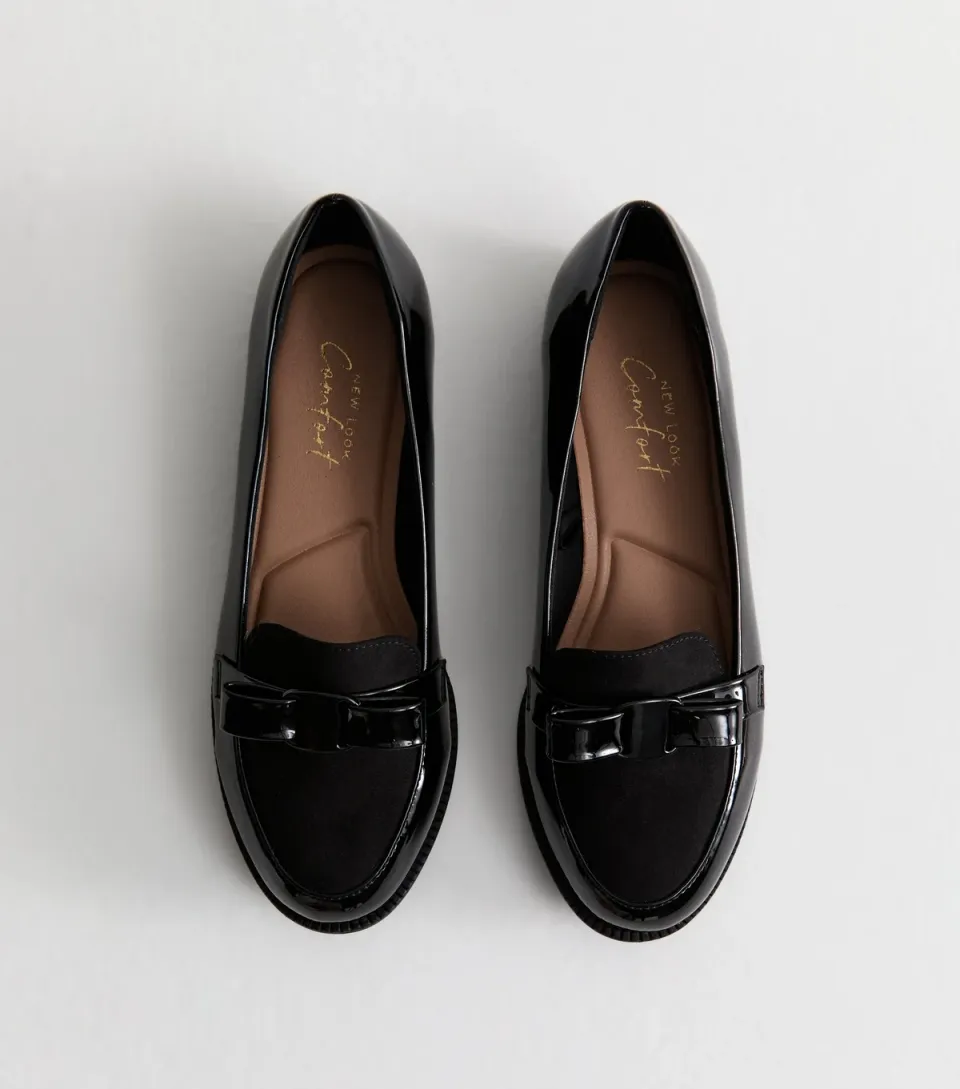 Women's Wide Fit Black Patent Faux Leather Bow Detail Loafers