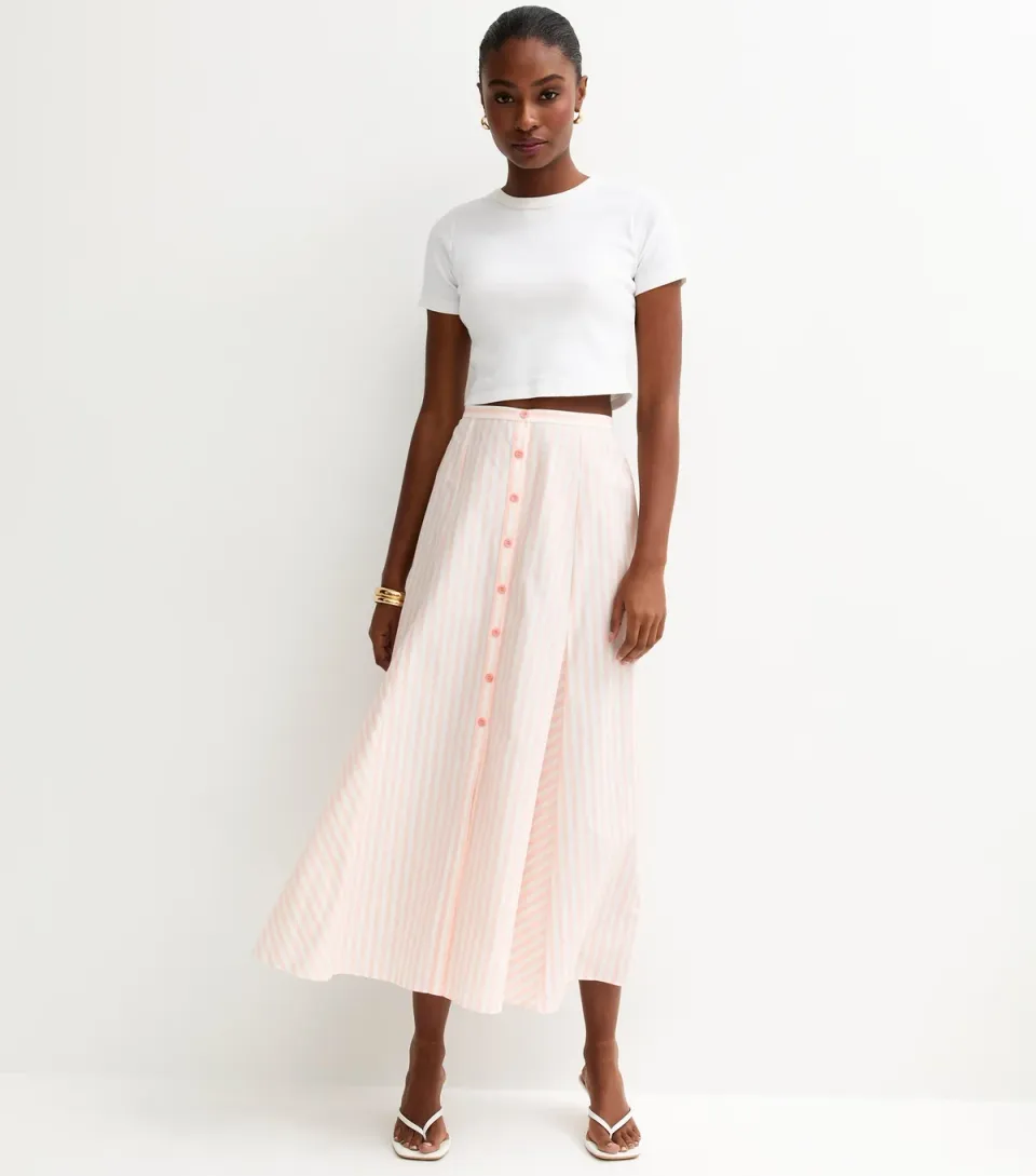 Women's Pink Striped Cotton Button Through Midi Skirt