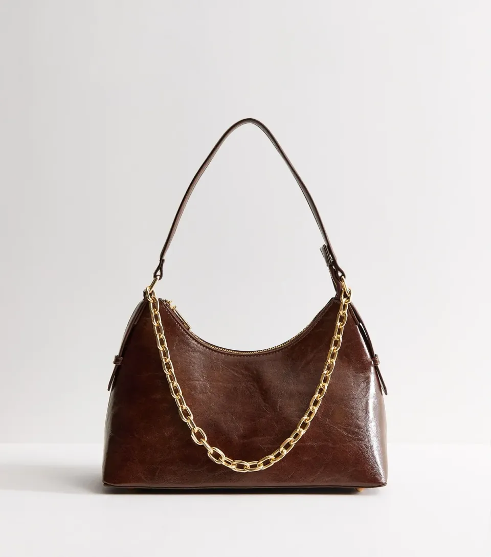 Dark Brown Patent Faux Leather Chain Strap Shoulder Bag
