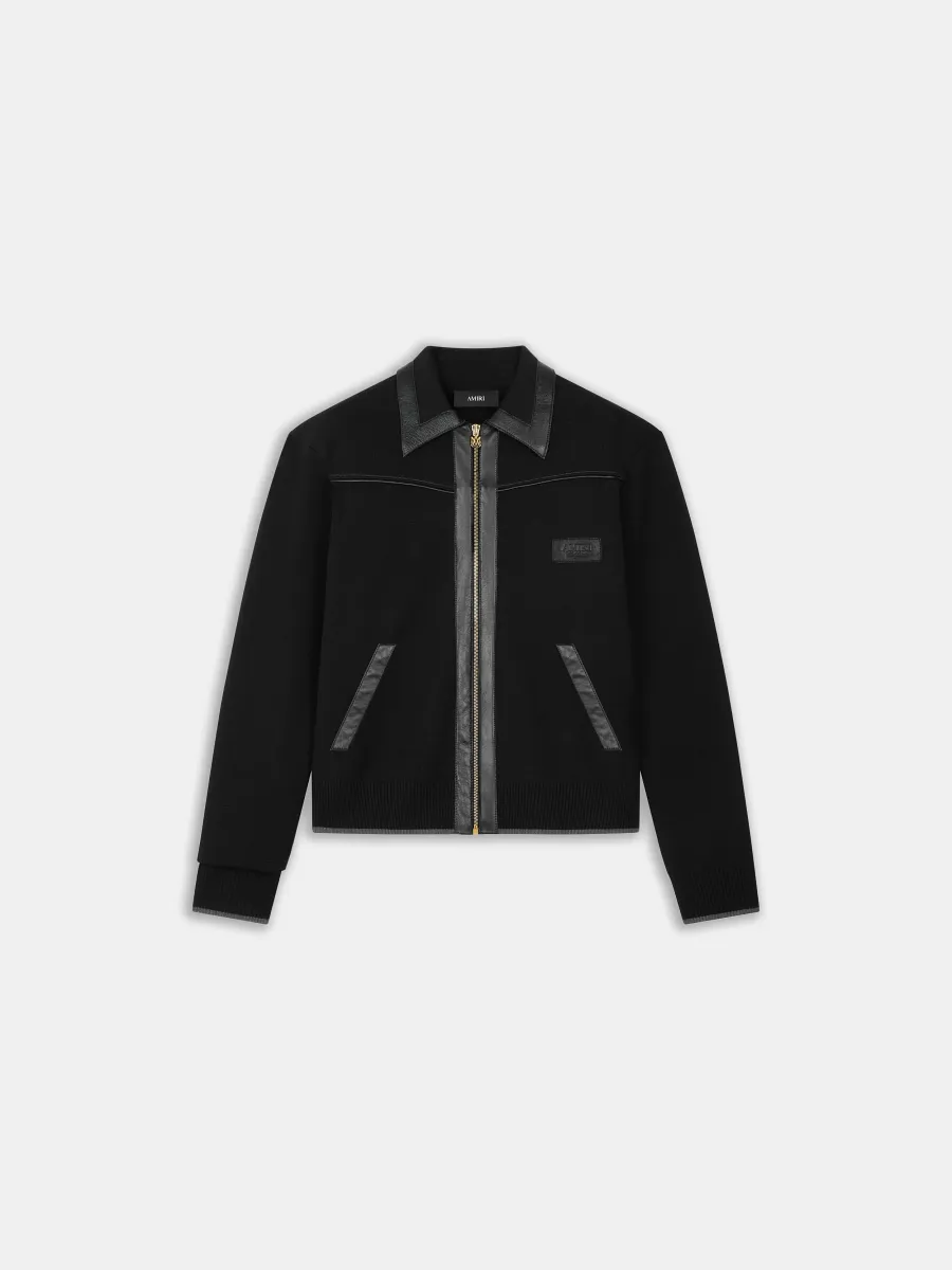 LEATHER TRIM ZIPPED BLOUSON - Black