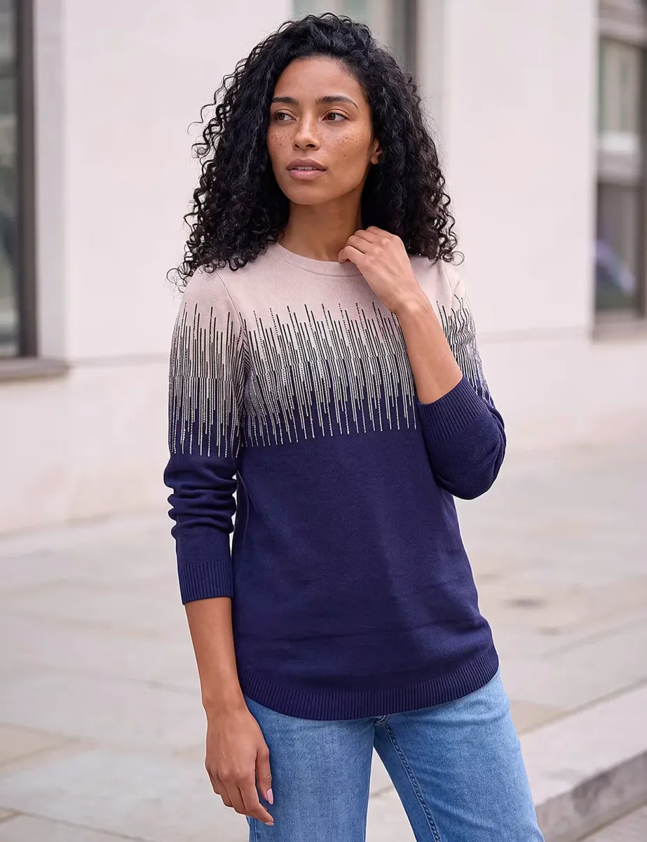 Rayon Blend Colour Block Round Neck Jumper Dark Navy Mix