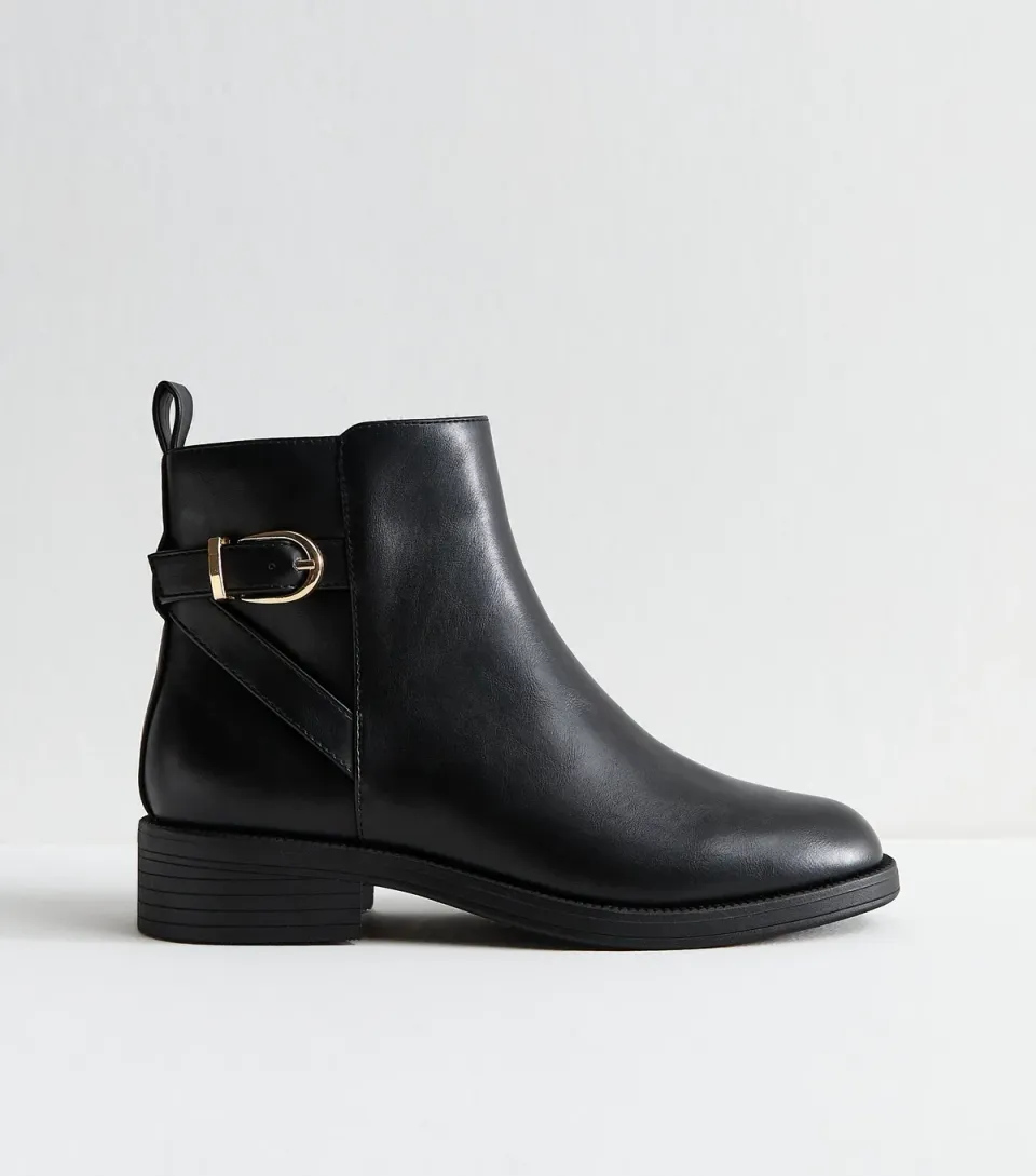 Women's Wide Fit Black Faux Leather Buckle Detail Ankle Boots Vegan