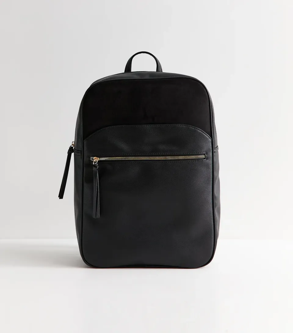 Black Faux Leather Rectangle Zip Pocket Backpack Vegan