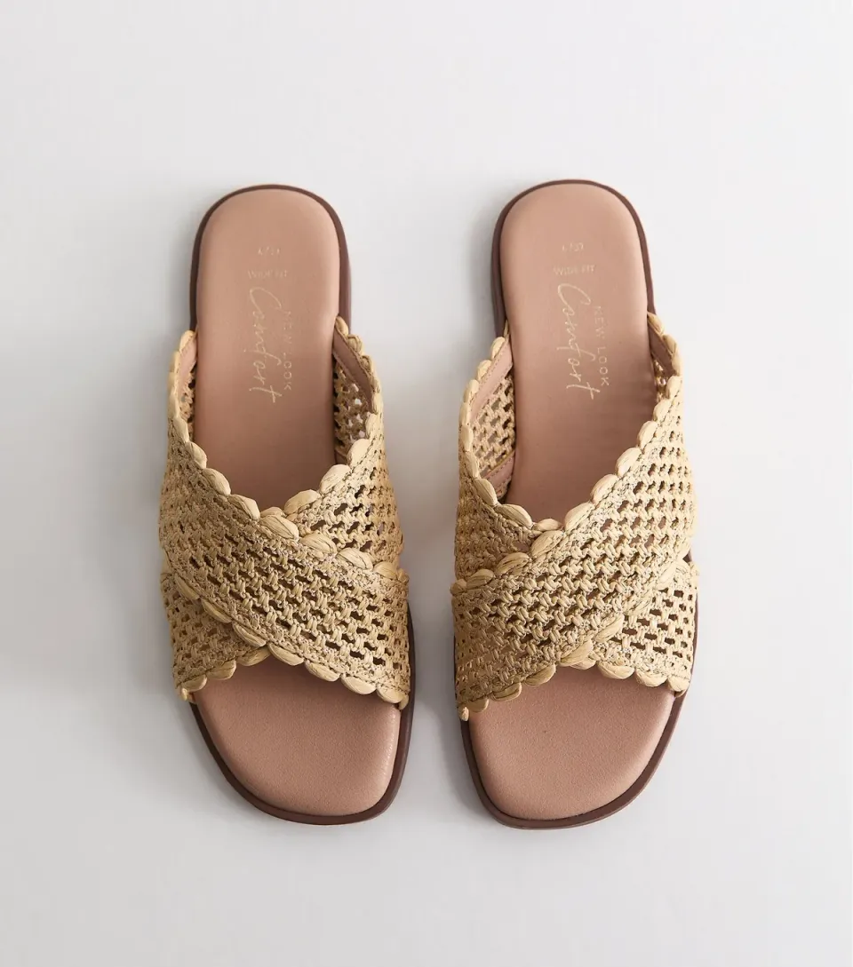 Women's Wide Fit Off White Woven Raffia Look Flat Mules Vegan