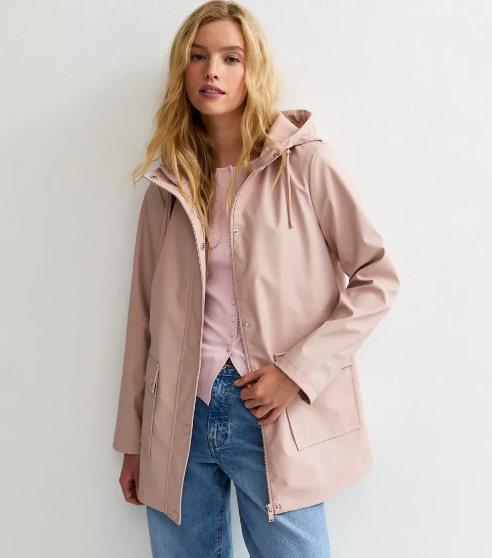 Women's Pale Pink Shower Resistant Drawstring Hood Rain Anorak