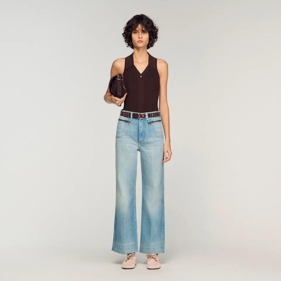 Faded straight zipped cotton jeans