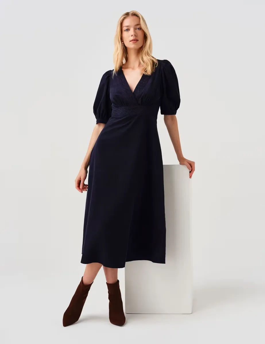 Cotton Corduroy Cross Front Midi Dress Navy