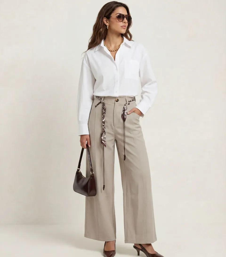 Women's Light Grey Belted Wide Leg Trousers