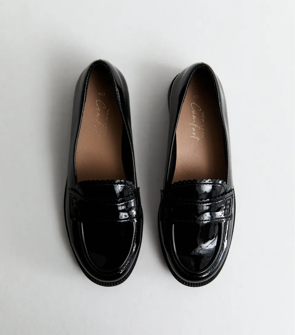 Women's Black Patent Faux Leather Scalloped Loafers Vegan