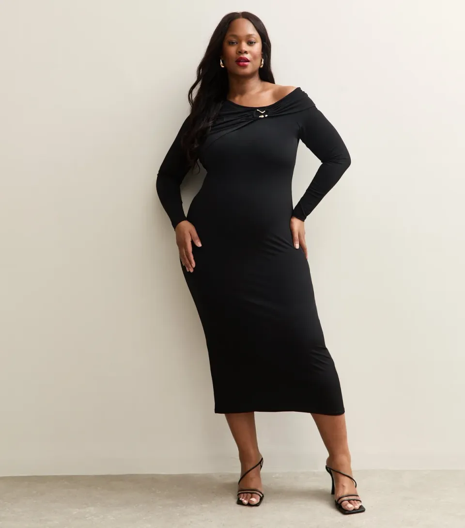 Women's Curve Black Fallen Shoulder Midi Dress