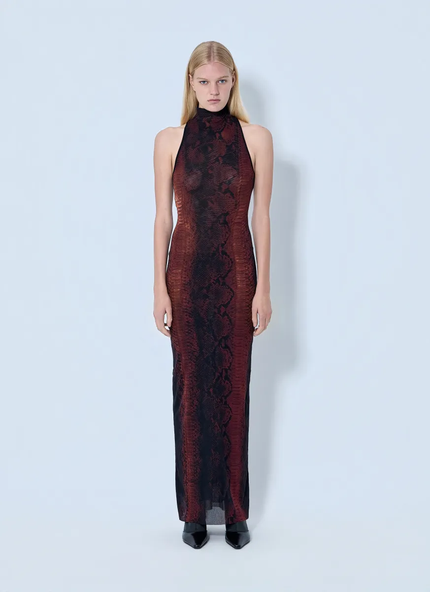 Mesh High Neck Python Printed Long Dress