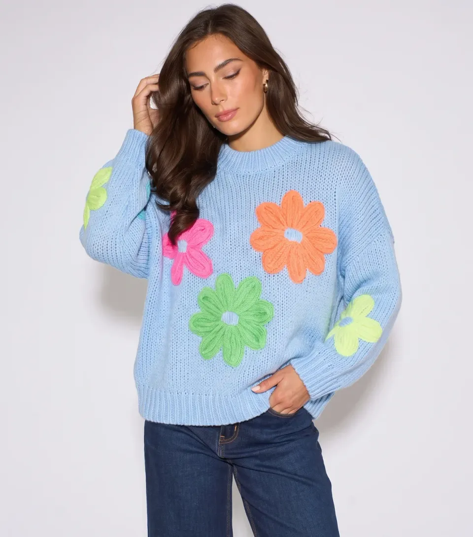 Women's Light Blue Chunky Knit Floral Crochet Jumper