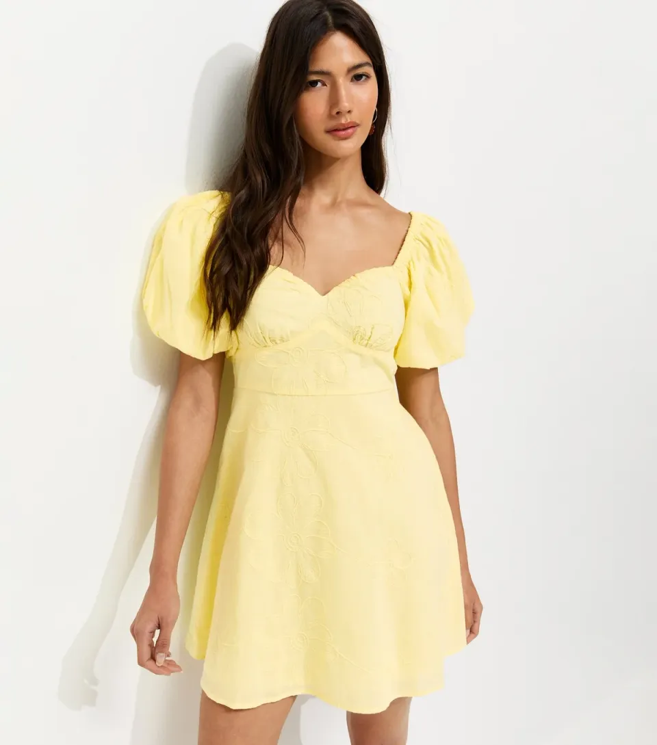 Women's Yellow Floral Puff Sleeve Mini Dress