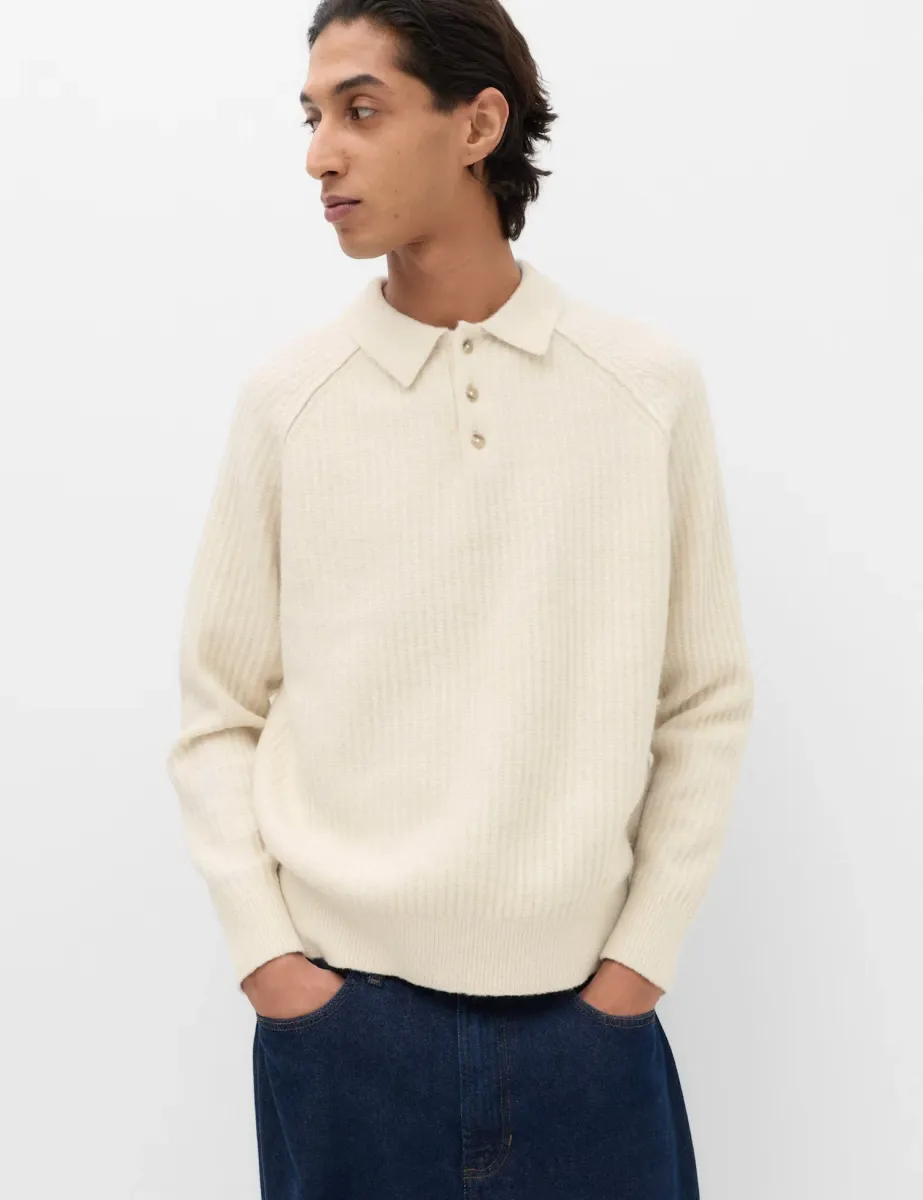 Lofty Relaxed Fit Ribbed Knit Polo Shirt Ecru