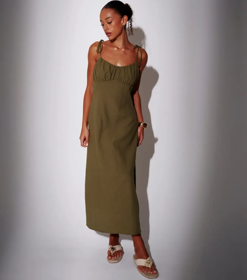 Women's Dark Khaki Ruched Bodice Midi Dress