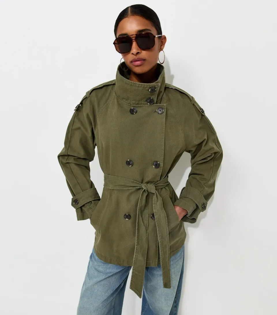 Women's Dark Khaki Cotton Funnel Neck Tie Waist Trench Jacket