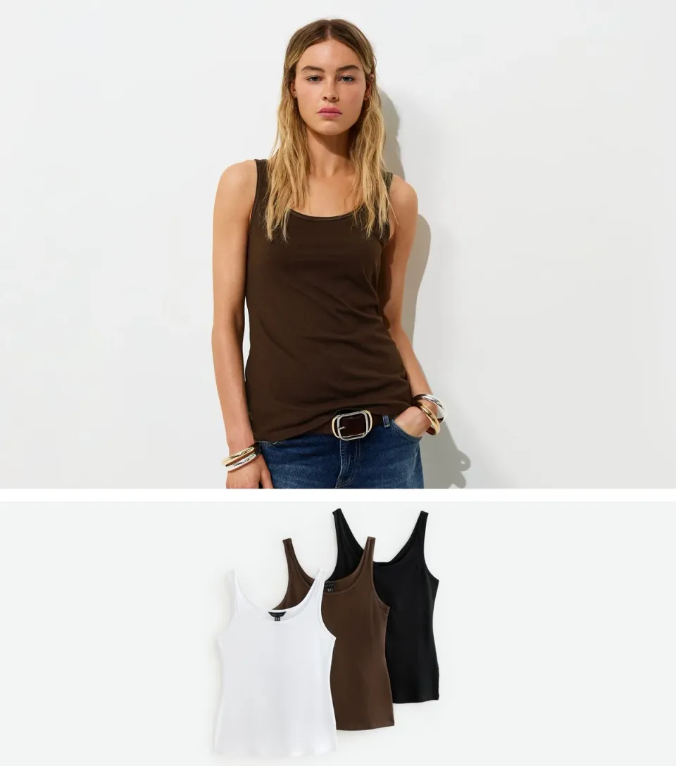 Women's Brown Cotton Pack of Three Jersey Scoop Neck Vest Tops
