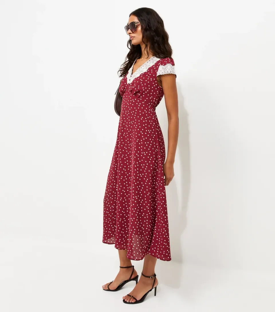 Women's Red Spot Print Lace Trim Midi Tea Dress