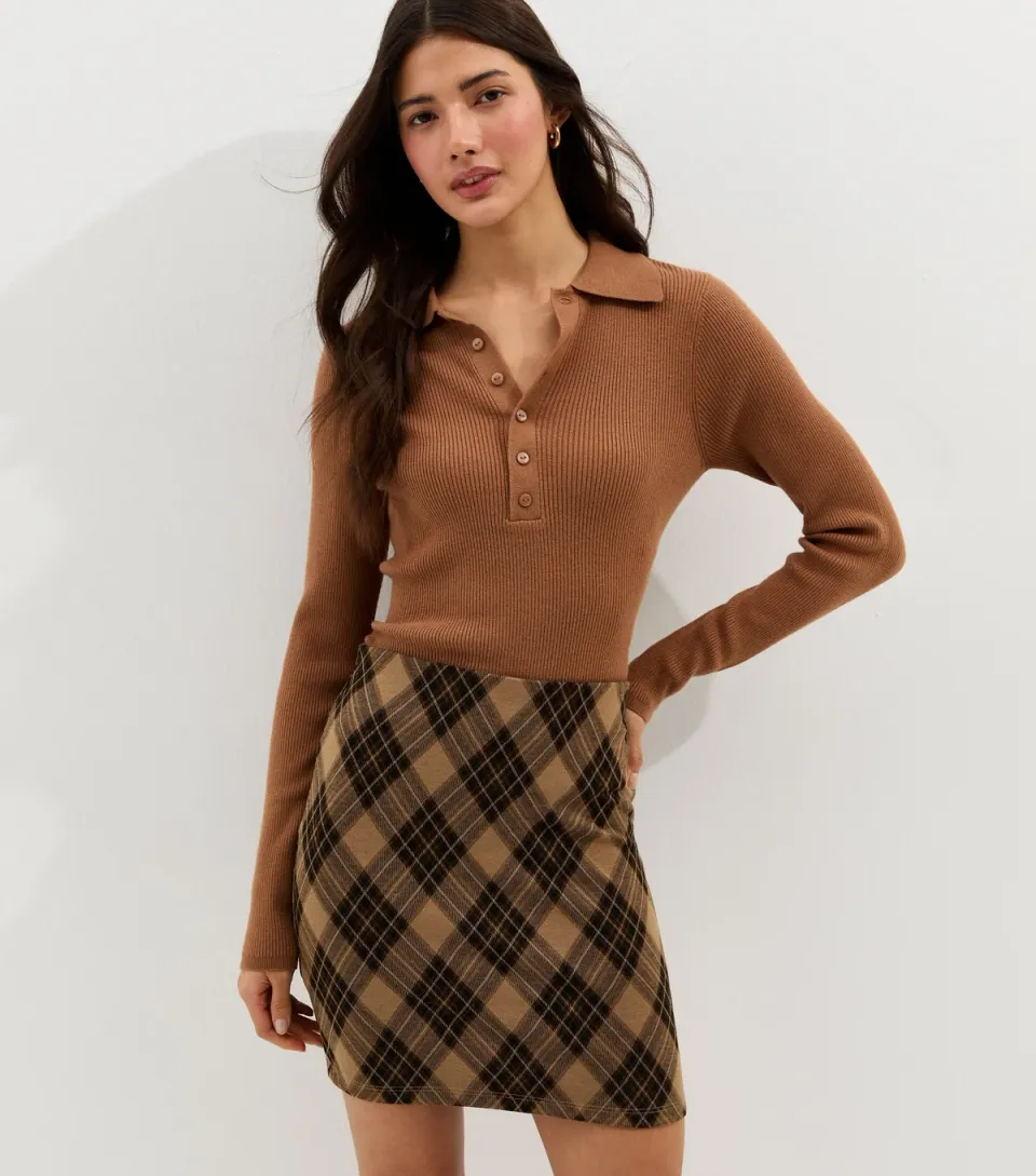 Women's Brown Tartan Tube Mini Skirt