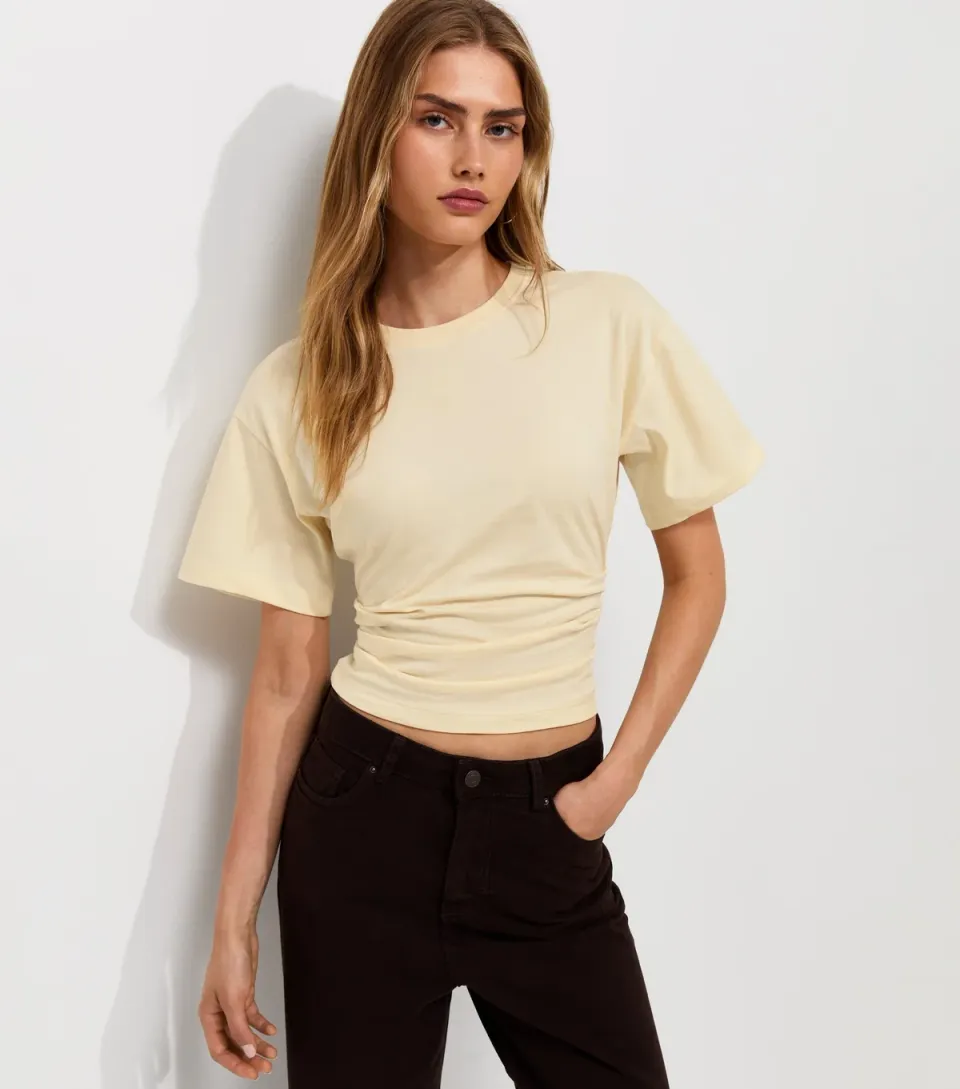 Women's Light Yellow Ruched Waist Crew Neck T-Shirt