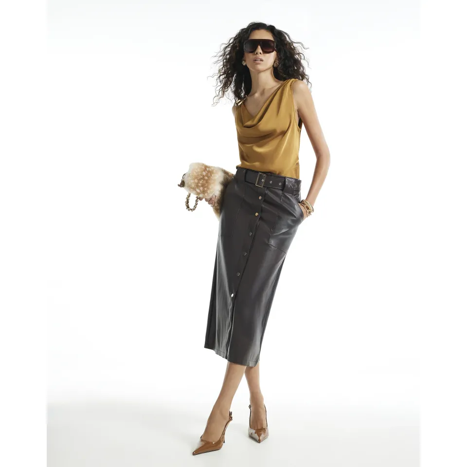 Faux Leather Utility Belted Midi Skirt