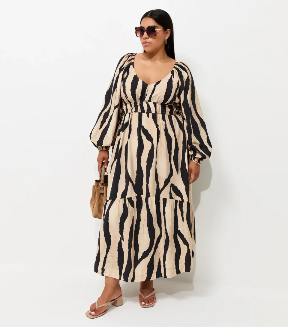 Women's Plus Size Brown Abstract Print Smock Dress Curves