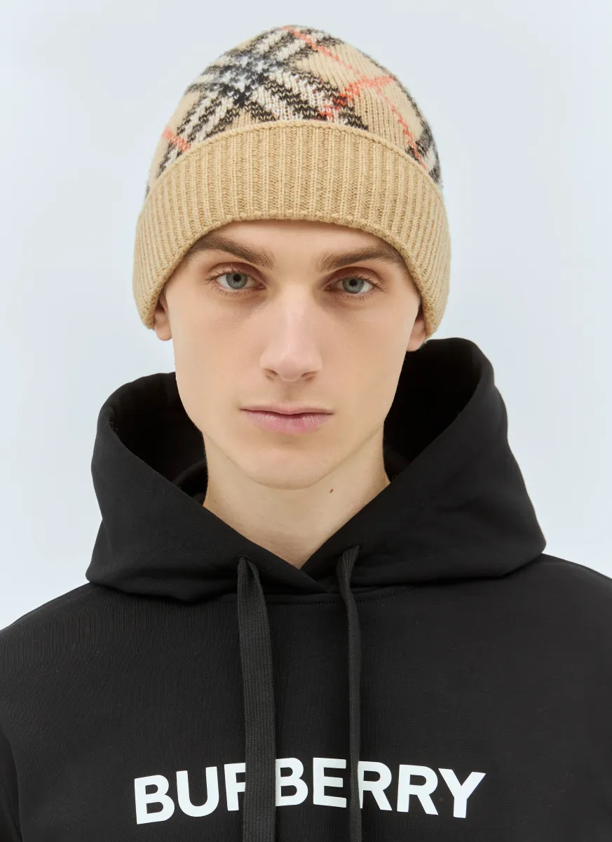 Check Cashmere Beanie Hat