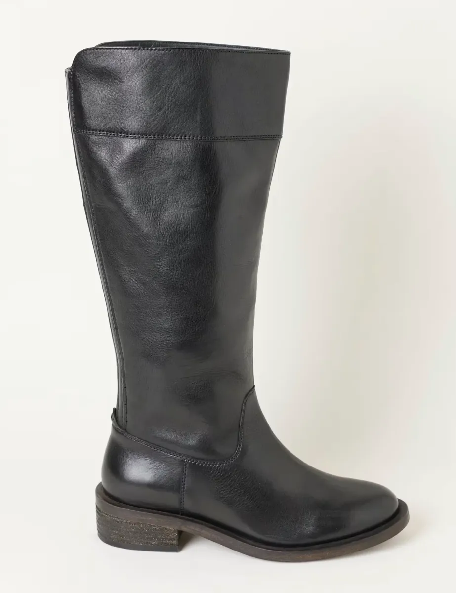Leather Block Heel Knee High Riding Boots