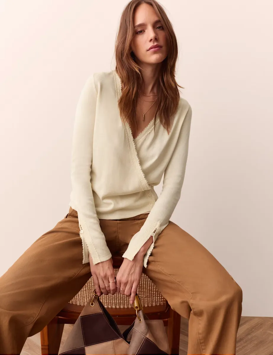 V-Neck Lace Trim Wrap Cardigan Ecru