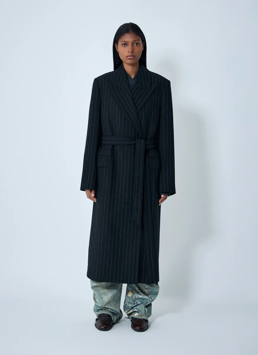 Belted Pinstripe Coat