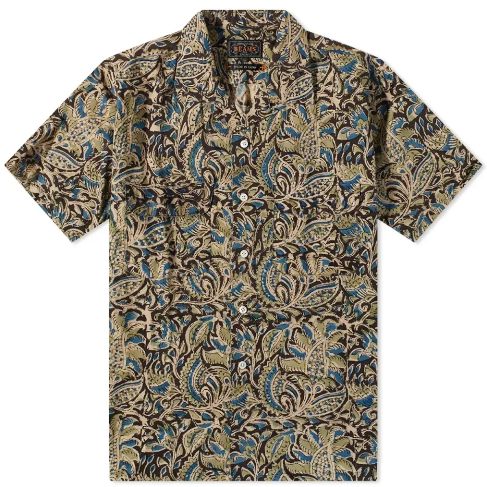 Short Sleeve Open Collar Floral Block Print Shirt