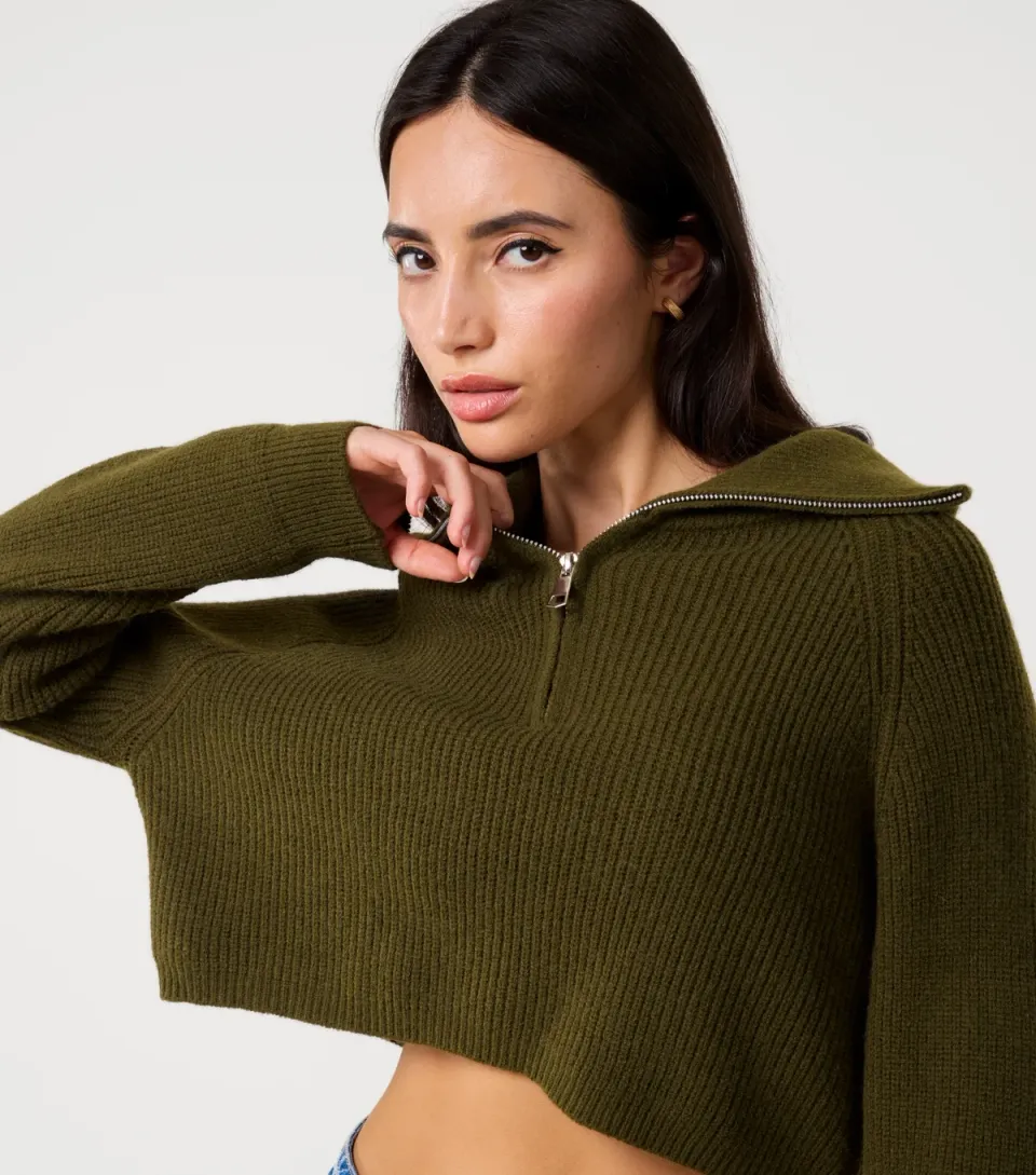 Women's Dark Khaki Half Zip Knit Jumper