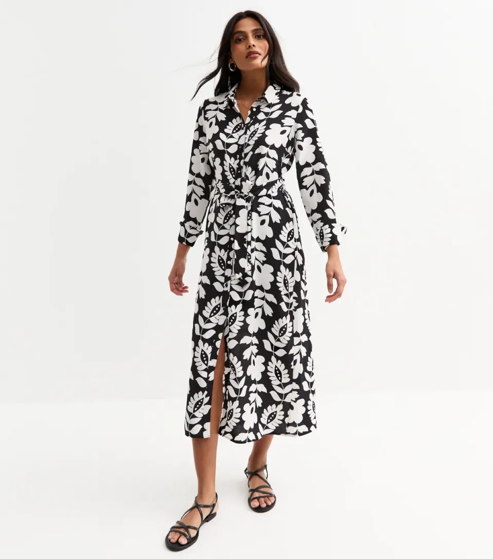 Women's Black Floral Print Belted Shirt Dress